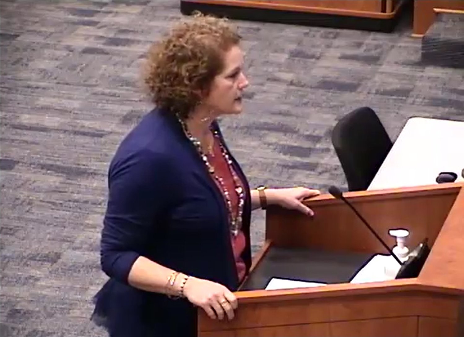 Mary Ellen Cuzela, a Katy Independent School District substitute teacher, speaks at Monday’s Board of Trustees meeting.
